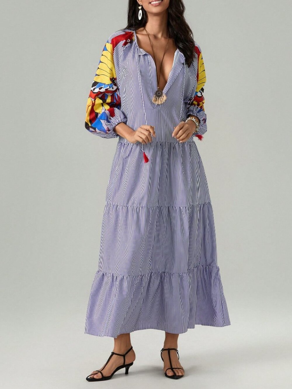 Blue Casual Women's Boho Floral Puff Sleeve Maxi Dress - Picture 8 of 10